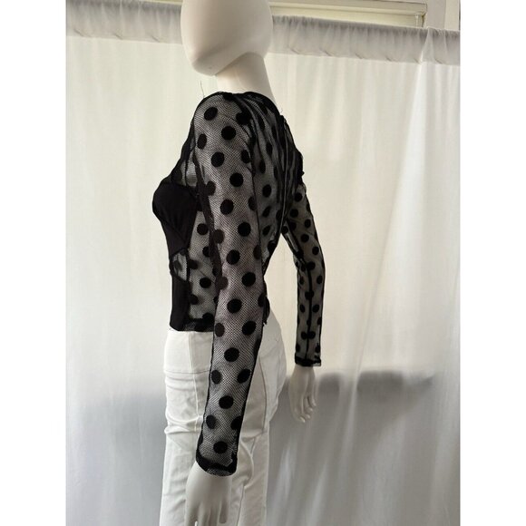 Marciano Women's Top Blouse Polka Dot Mesh Long Sleeve Black Full Zip S - Picture 7 of 8